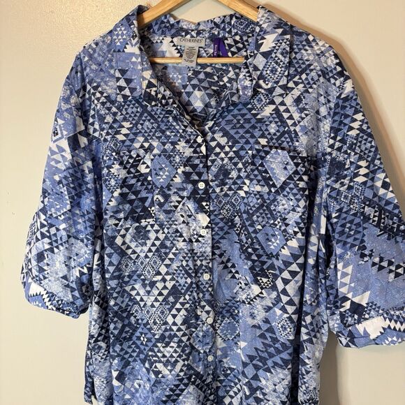 Catherines Blue Button Up Top Geometric Lace Back 3/4 Sleeve Shirt 3XW P… - Picture 2 of 7